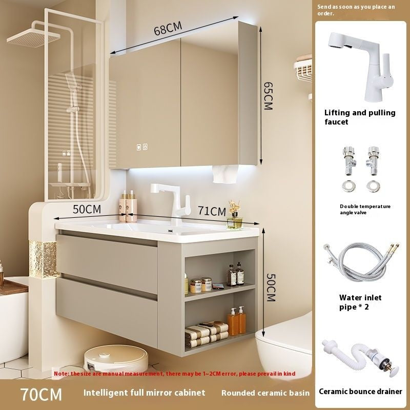 QW- Gray Solid Wood Storage Smart Mirror Cabinet Bathroom Ceramic Basin