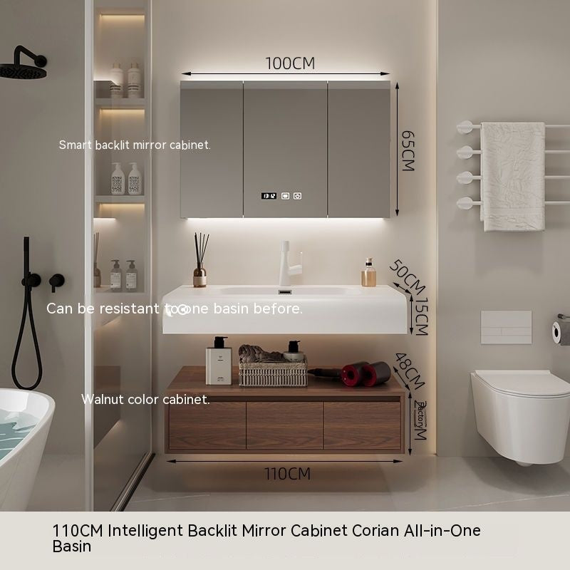 QW- Cermin Pintar daripada Kayu Walnut dengan Singki Bersepadu dan Kabinet Penyimpanan Bilik Mandi 