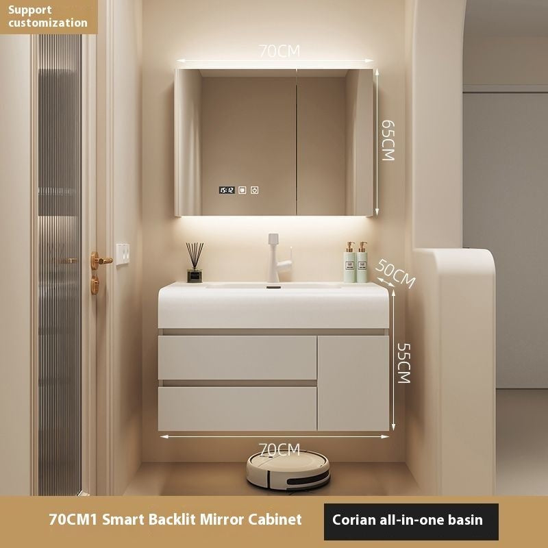 QW- Cream Color Storage Smart Glass Cabinet Bathroom Stone Basin