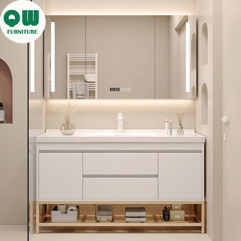 QW- Cream Style Storage Smart Mirror Cabinet Bathroom Sink Set