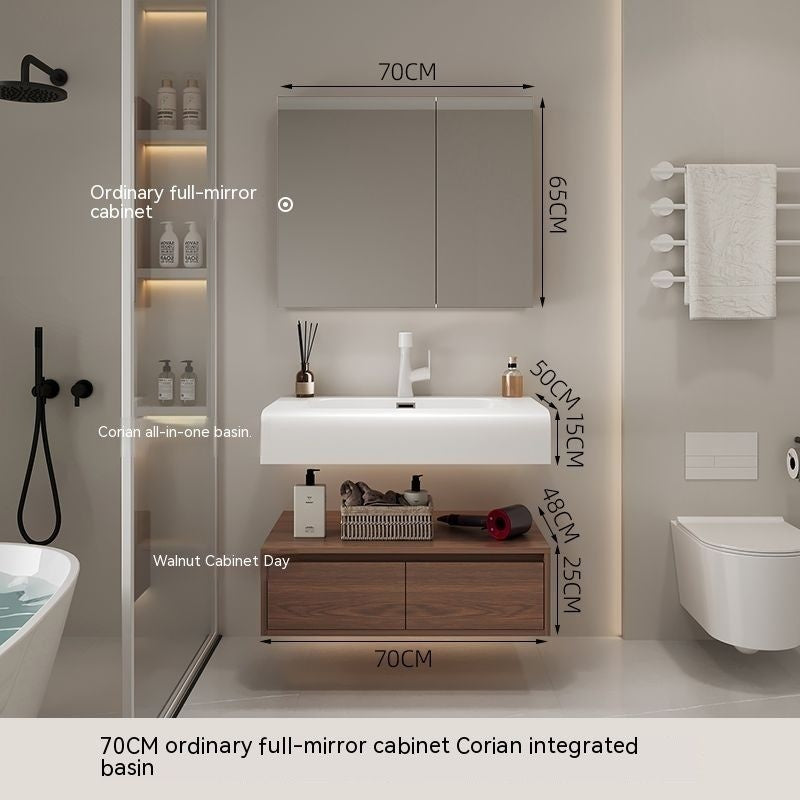 QW- Cermin Pintar daripada Kayu Walnut dengan Singki Bersepadu dan Kabinet Penyimpanan Bilik Mandi 