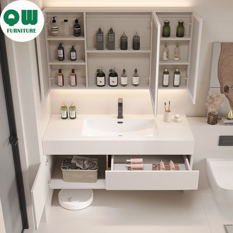 QW- White Storage Smart Mirror Cabinet in the Bathroom, Bathroom Sink