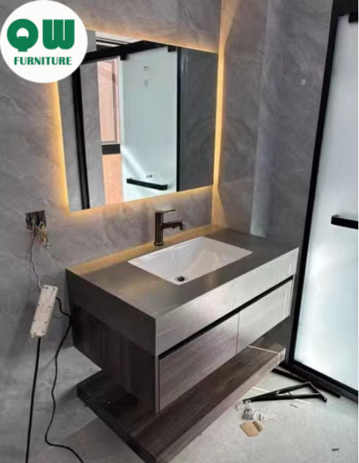 QW- Custom-made Bathroom storage made from real wood, bathroom sink set, and smart mirror cabinet in the bathroom.