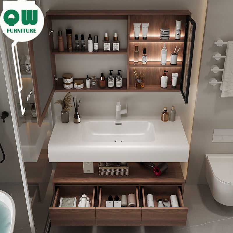 QW- Cermin Pintar daripada Kayu Walnut dengan Singki Bersepadu dan Kabinet Penyimpanan Bilik Mandi 