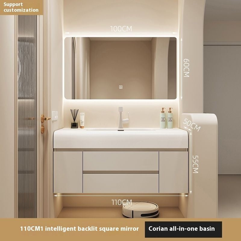 QW- Cream Color Storage Smart Glass Cabinet Bathroom Stone Basin