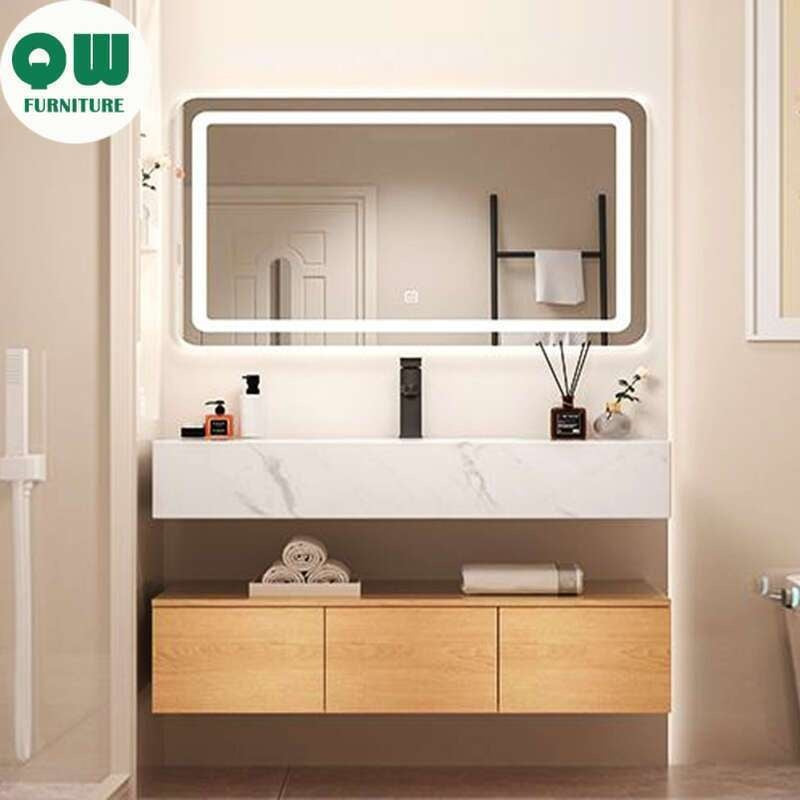 QW- Kabinet simpanan kayu asli cermin pintar di bilik mandi, sinki bilik mandi 