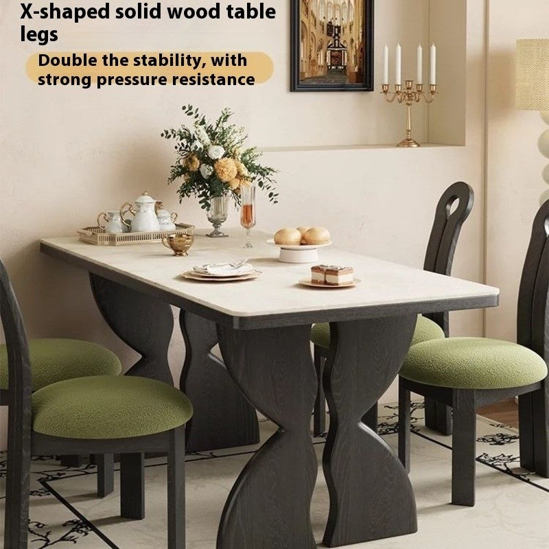 Set meja makan gaya Perancis, granit hitam elegan, kayu asli premium, bentuk segi empat sama untuk rumah kecil.