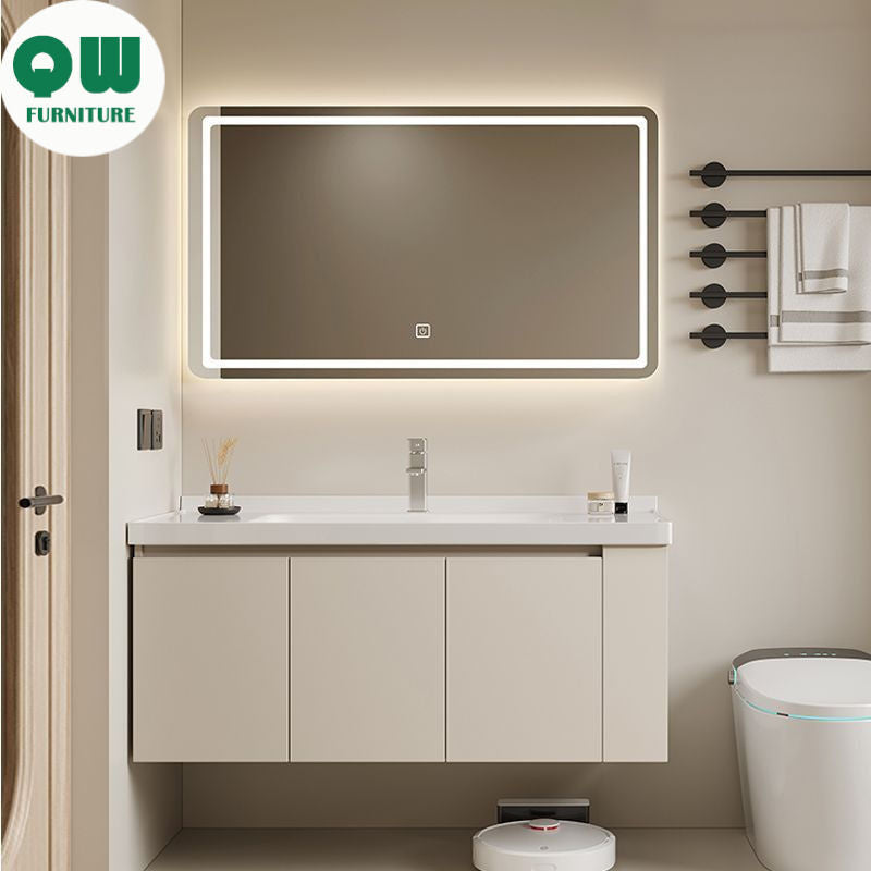 QW- Set kabinet kayu asli dengan cermin pintar dan sinki bilik mandi. 