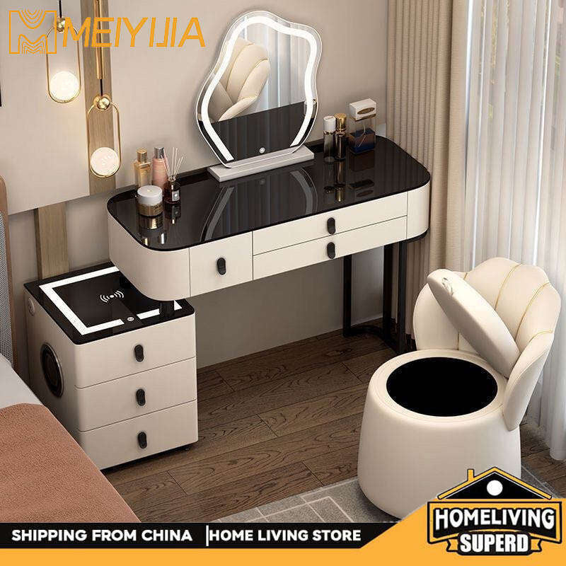 Kabinet Solek Kayu Asli Pintar, Pengecasan Tanpa Wayar, Gaya Nordik Elegan untuk Bilik Tidur Meja solek moden yang ringkas Boleh berfungsi dalam pelbagai cara