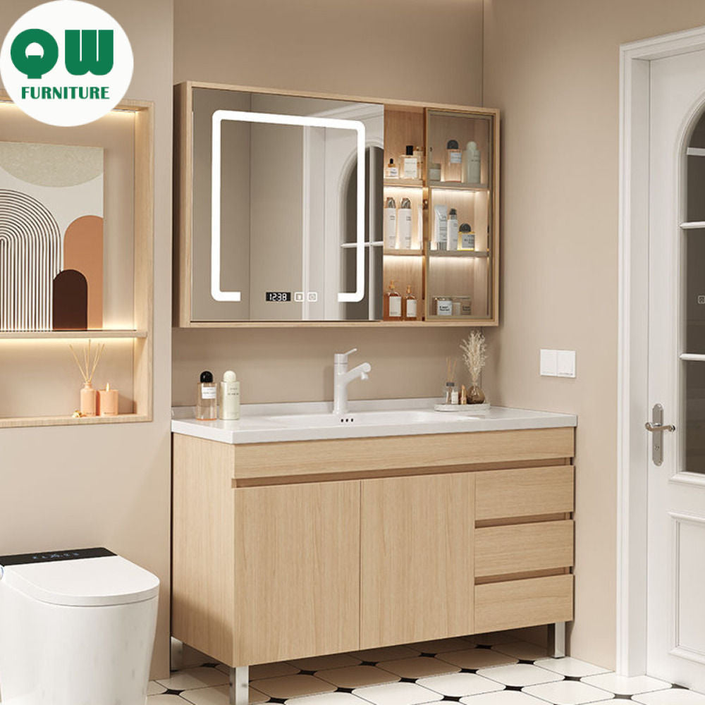 QW- Standing Shelf Solid Wood Storage Smart Mirror Cabinet Bathroom Sink Set