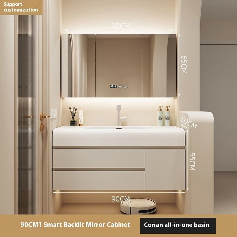 QW- Cream Color Storage Smart Glass Cabinet Bathroom Stone Basin