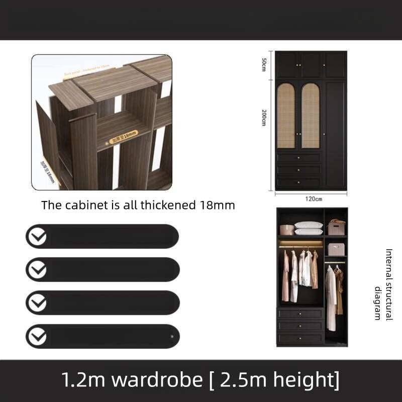 Black Real Wood Wardrobe with Rattan Doors for Home Bedroom small apartment American and French styles