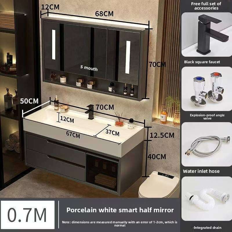 Set Kabinet Penyimpanan Kayu Asli QW- Cermin Pintar di Sinki Bilik Mandi 