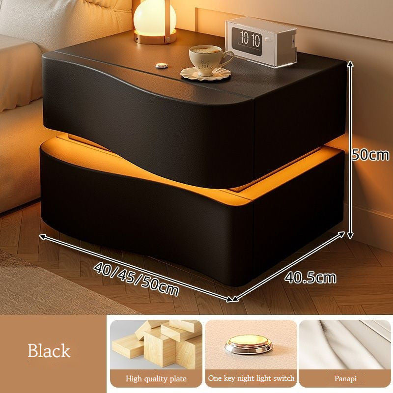 Cream Style Table, Home Bedside Storage Cabinet, Modern Solid Wood Bedroom, Smart Belt Light