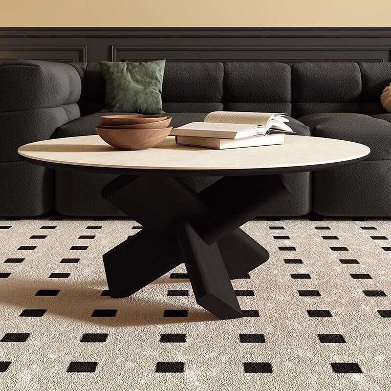 Meja kopi, papan batu, kayu padu, dowel bulat dan asas abu putih, ruang tamu, meja kopi rumah.