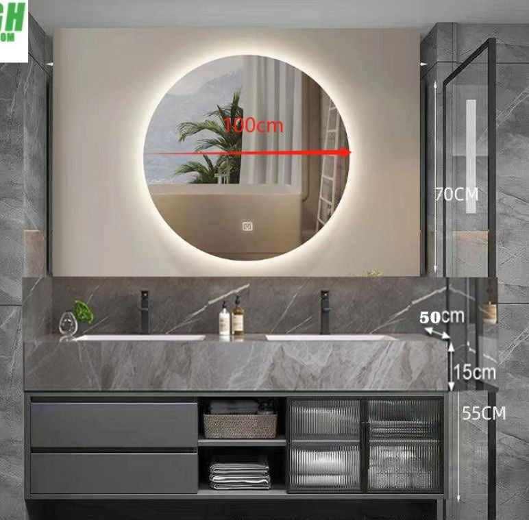 QW- Set Besen Besar dengan Cermin Pintar dan Kabinet Penyimpanan Kayu Asli untuk Bilik Mandi 