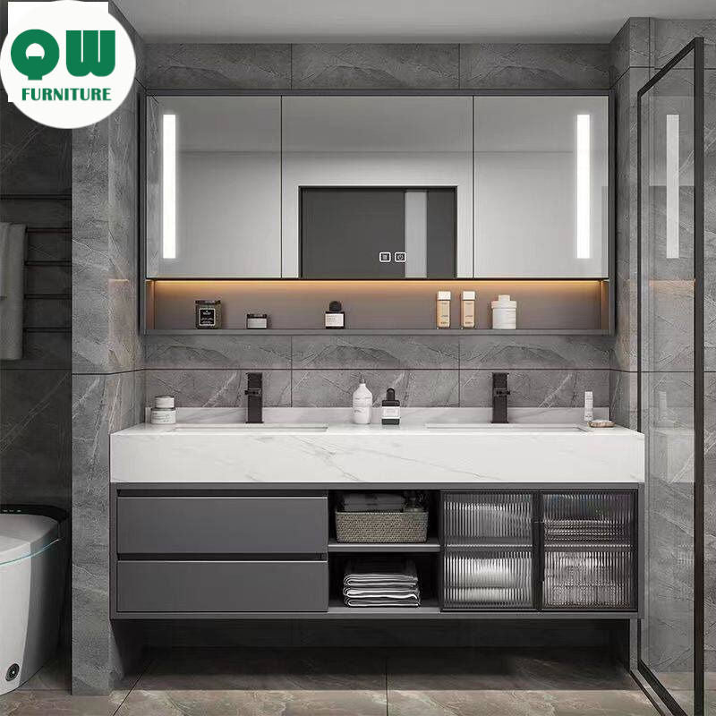 QW- Set Besen Besar dengan Cermin Pintar dan Kabinet Penyimpanan Kayu Asli untuk Bilik Mandi 