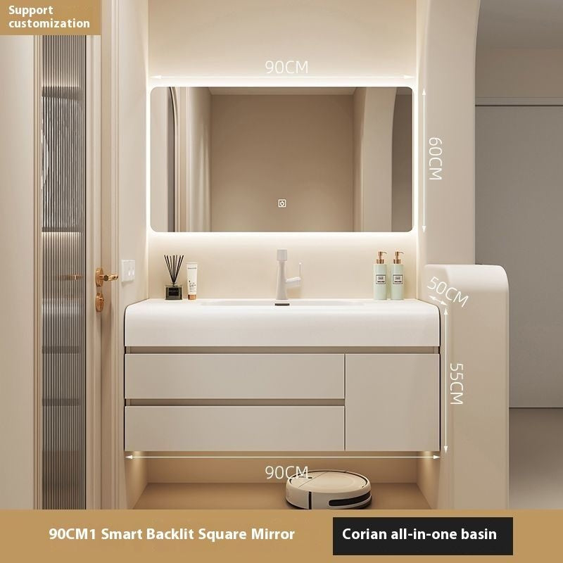 QW- Cream Color Storage Smart Glass Cabinet Bathroom Stone Basin