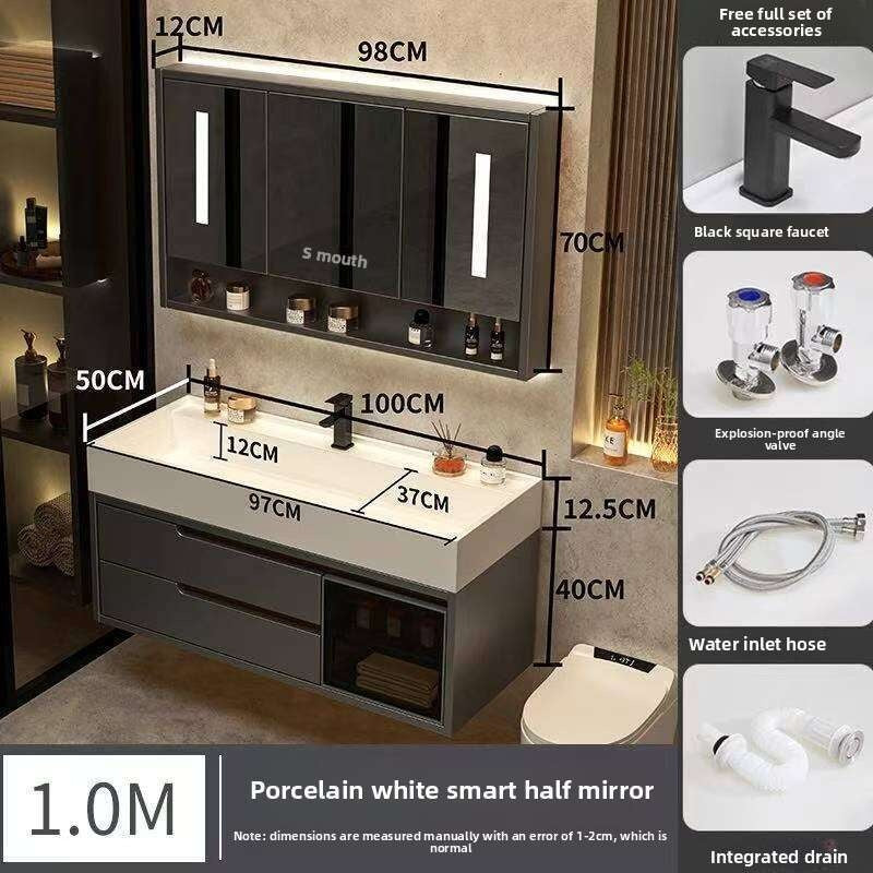 Set Kabinet Penyimpanan Kayu Asli QW- Cermin Pintar di Sinki Bilik Mandi 
