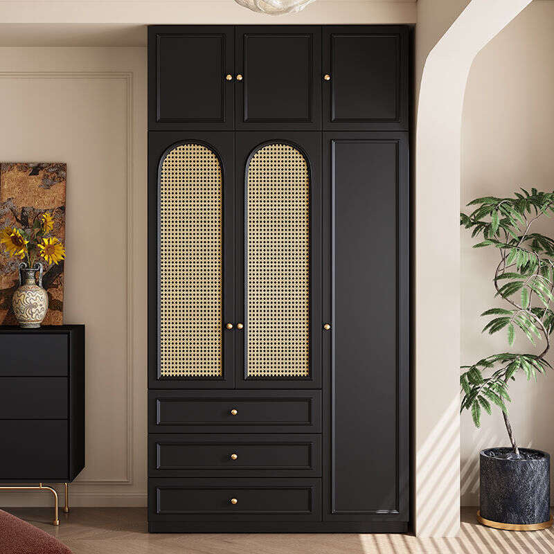 Black Real Wood Wardrobe with Rattan Doors for Home Bedroom small apartment American and French styles