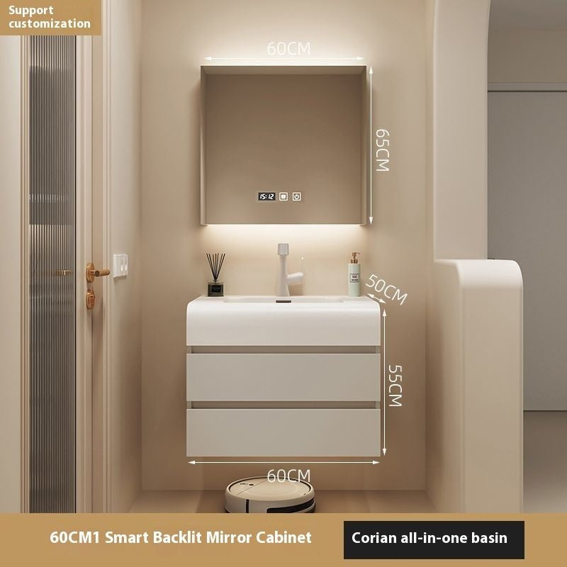 QW- Cream Color Storage Smart Glass Cabinet Bathroom Stone Basin