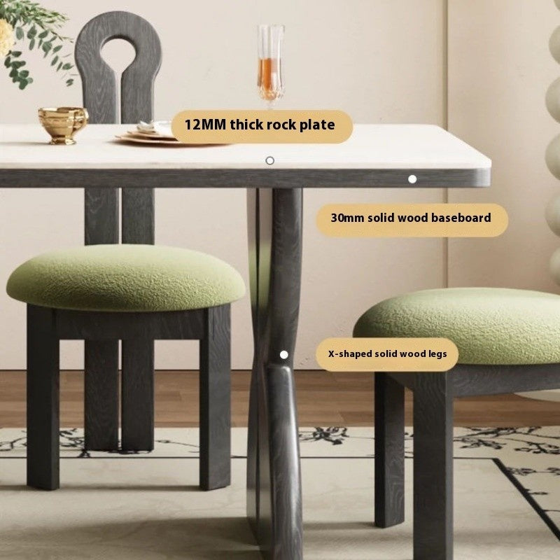 Set meja makan gaya Perancis, granit hitam elegan, kayu asli premium, bentuk segi empat sama untuk rumah kecil.