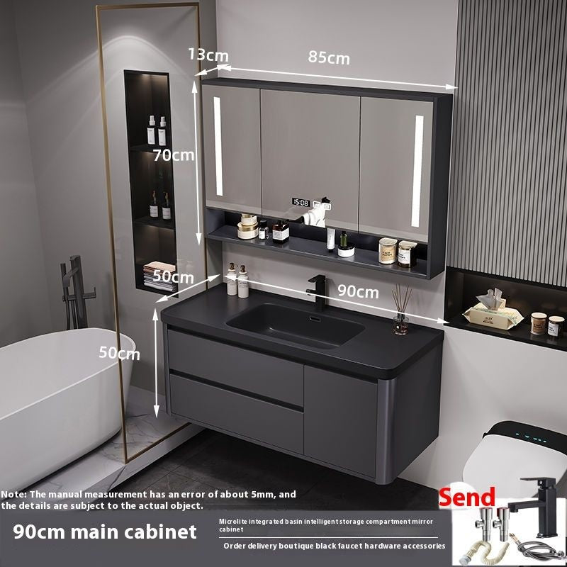 QW- Bathroom storage with smart mirror and black glass cabinet made of real wood.