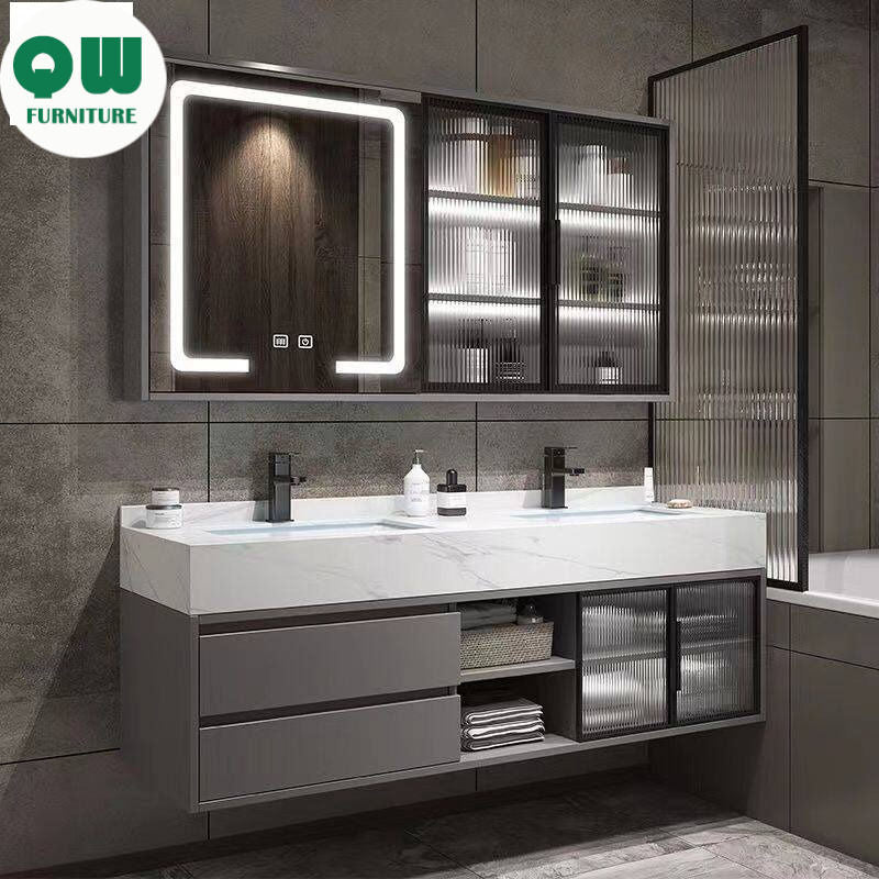 QW- Set Besen Besar dengan Cermin Pintar dan Kabinet Penyimpanan Kayu Asli untuk Bilik Mandi 