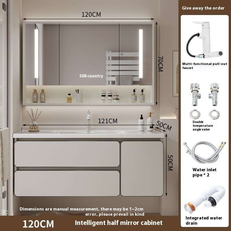 QW- Kabinet simpanan kayu asli cermin pintar di bilik mandi, sinki bilik mandi 