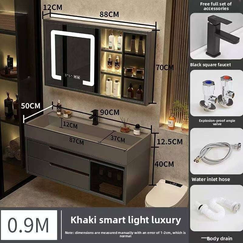 Set Kabinet Penyimpanan Kayu Asli QW- Cermin Pintar di Sinki Bilik Mandi 