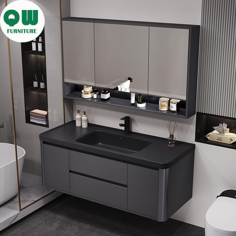QW- Bathroom storage with smart mirror and black glass cabinet made of real wood.