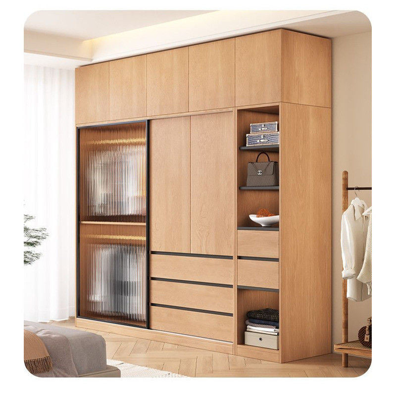 Sliding Solid Wood Full-featured Bedroom Nordic Wind Small Type Home Wardrobe Mobile Door Cabinet Combined