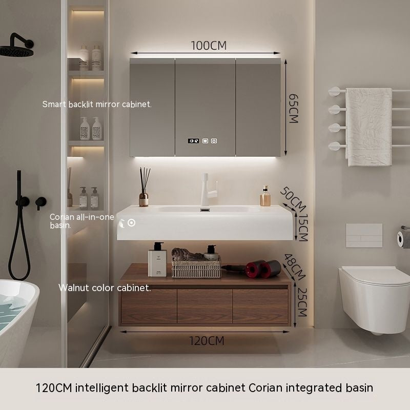 QW- Cermin Pintar daripada Kayu Walnut dengan Singki Bersepadu dan Kabinet Penyimpanan Bilik Mandi 