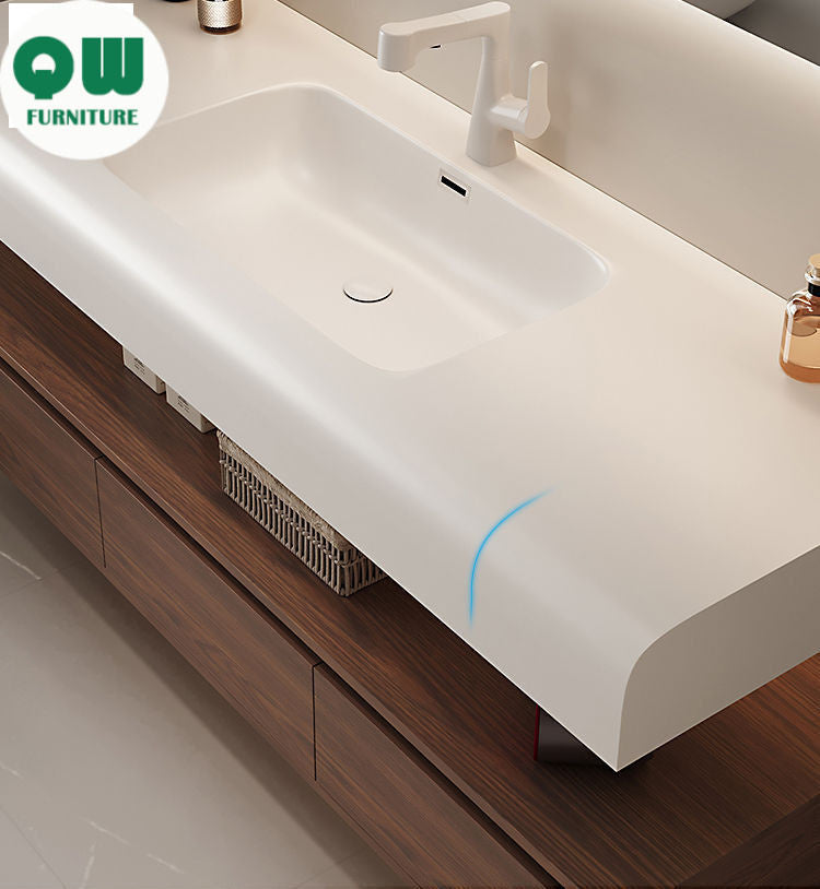 QW- Cermin Pintar daripada Kayu Walnut dengan Singki Bersepadu dan Kabinet Penyimpanan Bilik Mandi 