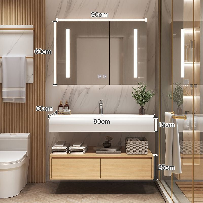 Set Singki Bilik Mandi Kabinet Cermin Pintar Penyimpanan Kayu Padu QW- 