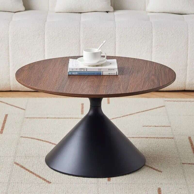 Meja teh kayu padu, gaya Nordik, untuk ruang tamu rumah, reka bentuk campuran, moden, ringkas, bentuk bulat.