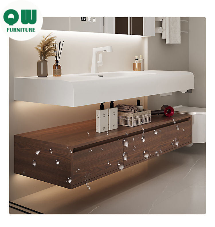 QW- Cermin Pintar daripada Kayu Walnut dengan Singki Bersepadu dan Kabinet Penyimpanan Bilik Mandi 