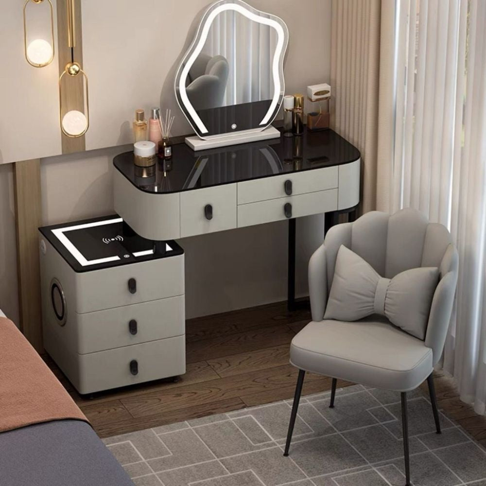 Kabinet Solek Kayu Asli Pintar, Pengecasan Tanpa Wayar, Gaya Nordik Elegan untuk Bilik Tidur Meja solek moden yang ringkas Boleh berfungsi dalam pelbagai cara