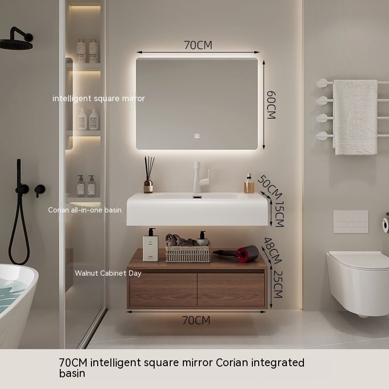 QW- Cermin Pintar daripada Kayu Walnut dengan Singki Bersepadu dan Kabinet Penyimpanan Bilik Mandi 
