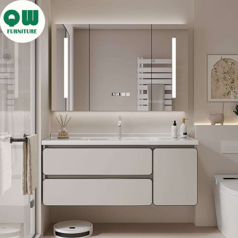 QW- Kabinet simpanan kayu asli cermin pintar di bilik mandi, sinki bilik mandi 