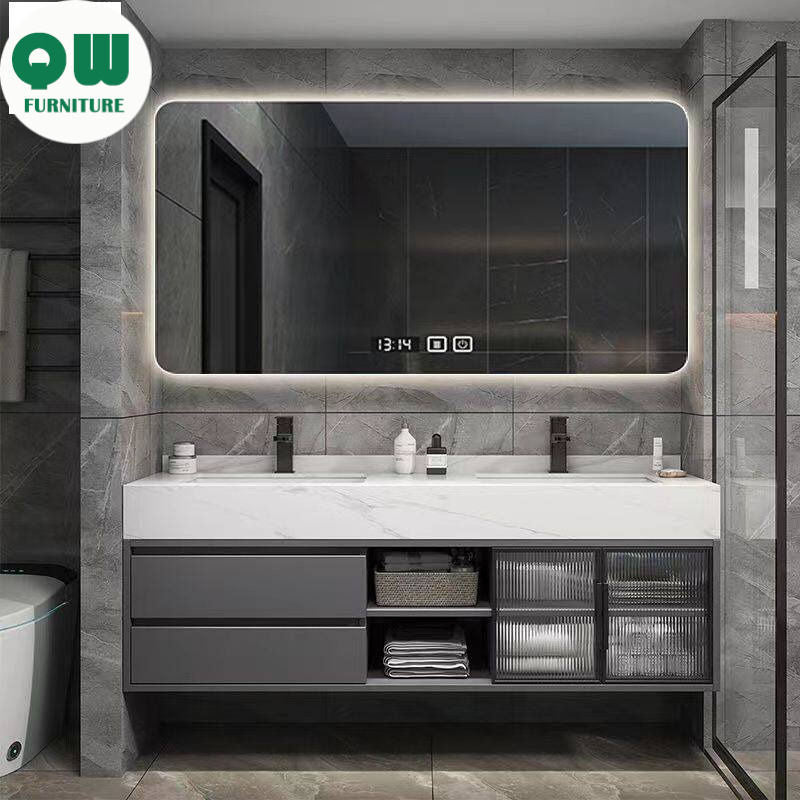 QW- Set Besen Besar dengan Cermin Pintar dan Kabinet Penyimpanan Kayu Asli untuk Bilik Mandi 