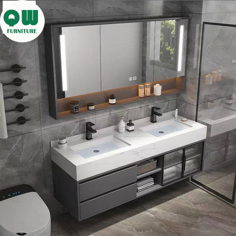 QW- Set Besen Besar dengan Cermin Pintar dan Kabinet Penyimpanan Kayu Asli untuk Bilik Mandi 