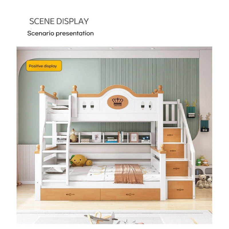 European Style Multifunctional Full Solid Wood High Low Children's Upper and Lower Mother Wooden Bunk Bed