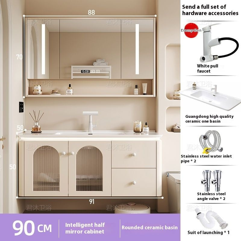 QW- Cream Color Storage Smart Mirror Cabinet Bathroom Sink Set