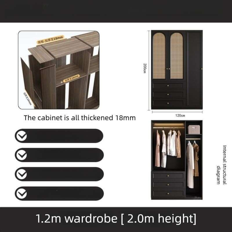 Black Real Wood Wardrobe with Rattan Doors for Home Bedroom small apartment American and French styles