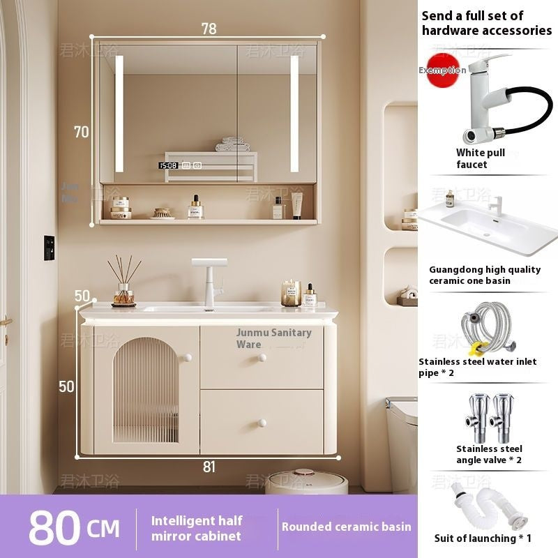 QW- Cream Color Storage Smart Mirror Cabinet Bathroom Sink Set
