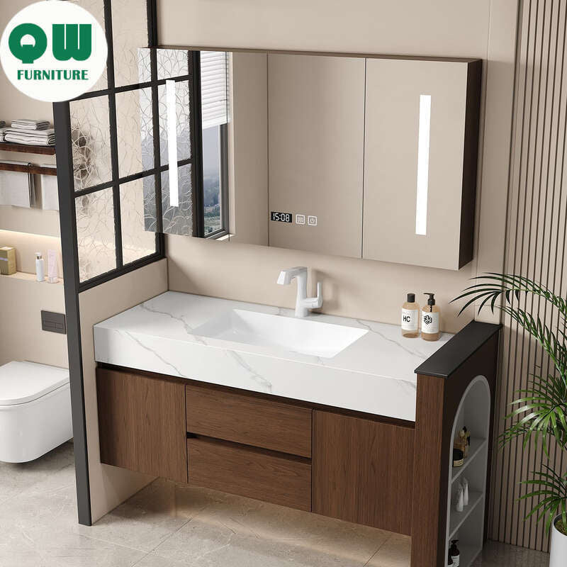 QW- Custom-made Real Wood Storage Smart Mirror Cabinet for Bathroom, Bathroom Sink Set