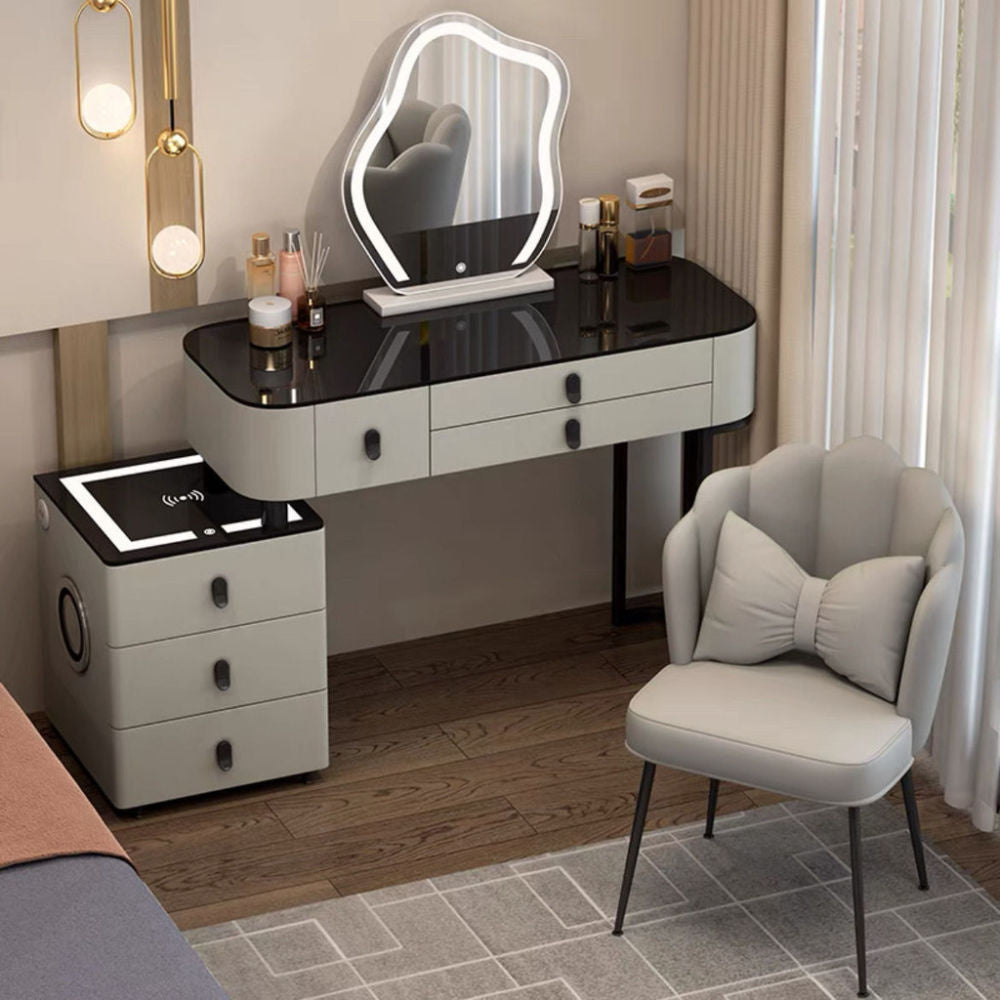 Kabinet Solek Kayu Asli Pintar, Pengecasan Tanpa Wayar, Gaya Nordik Elegan untuk Bilik Tidur Meja solek moden yang ringkas Boleh berfungsi dalam pelbagai cara
