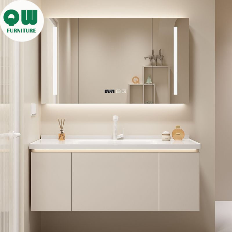 QW- Storan bilik mandi diperbuat daripada kayu asli, kabinet cermin pintar di bilik mandi, sinki bilik mandi 