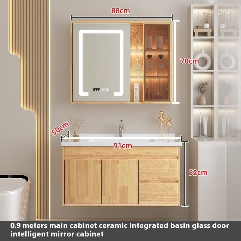 Set Singki Cermin Pintar Kabinet Penyimpanan Kayu Oak QW- di Bilik Mandi 